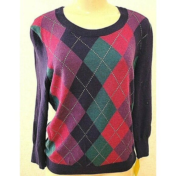 TALBOTS  PETITE WOMEN'S NYLON/LAMBSWOOL BLUE/RED/ ARGYLE  SWEATER SIZE PM  # 303 - Picture 1 of 10
